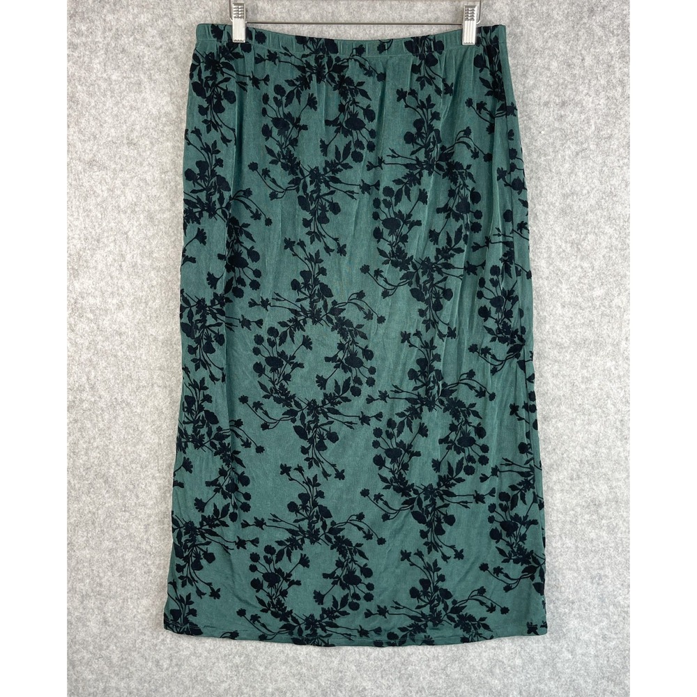 Citiknit Maxi Skirt Womens Large Green Floral Jacquard Stretch Slinky Boho USA
